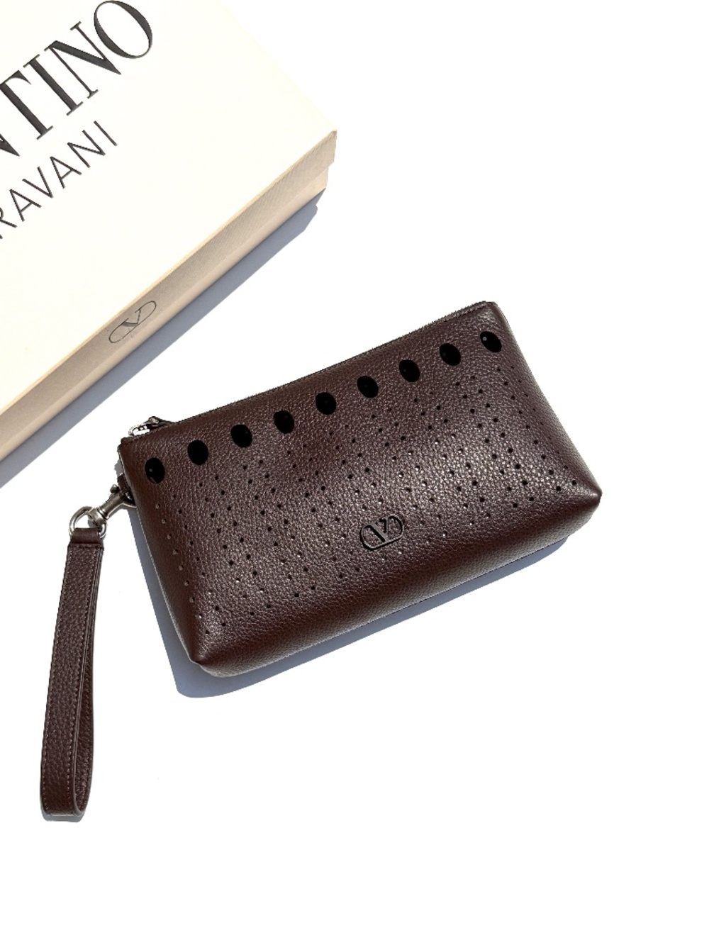 Valentino Garavani VLogo Dark Brown Perforated Leather Zip Pouch Wristlet Bag